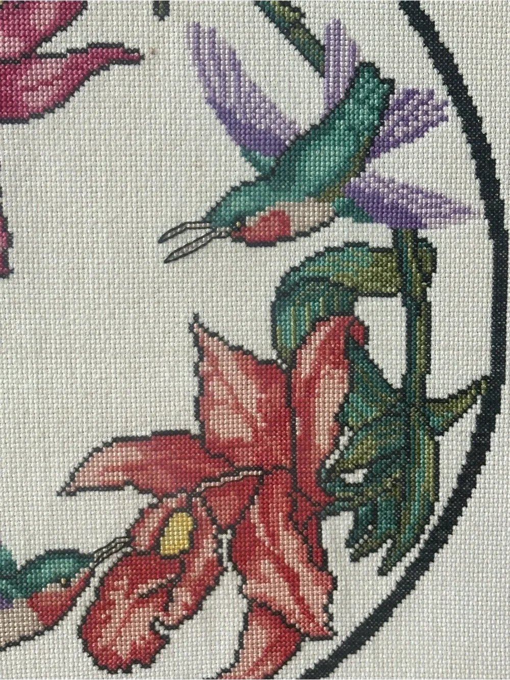 VTG Completed Hummingbird & Orchid Framed Cross Stitch